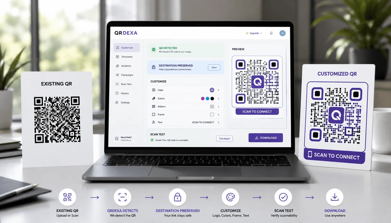 Before and after example showing an existing QR code customized with a logo, colors, frame and text using QRDEXA