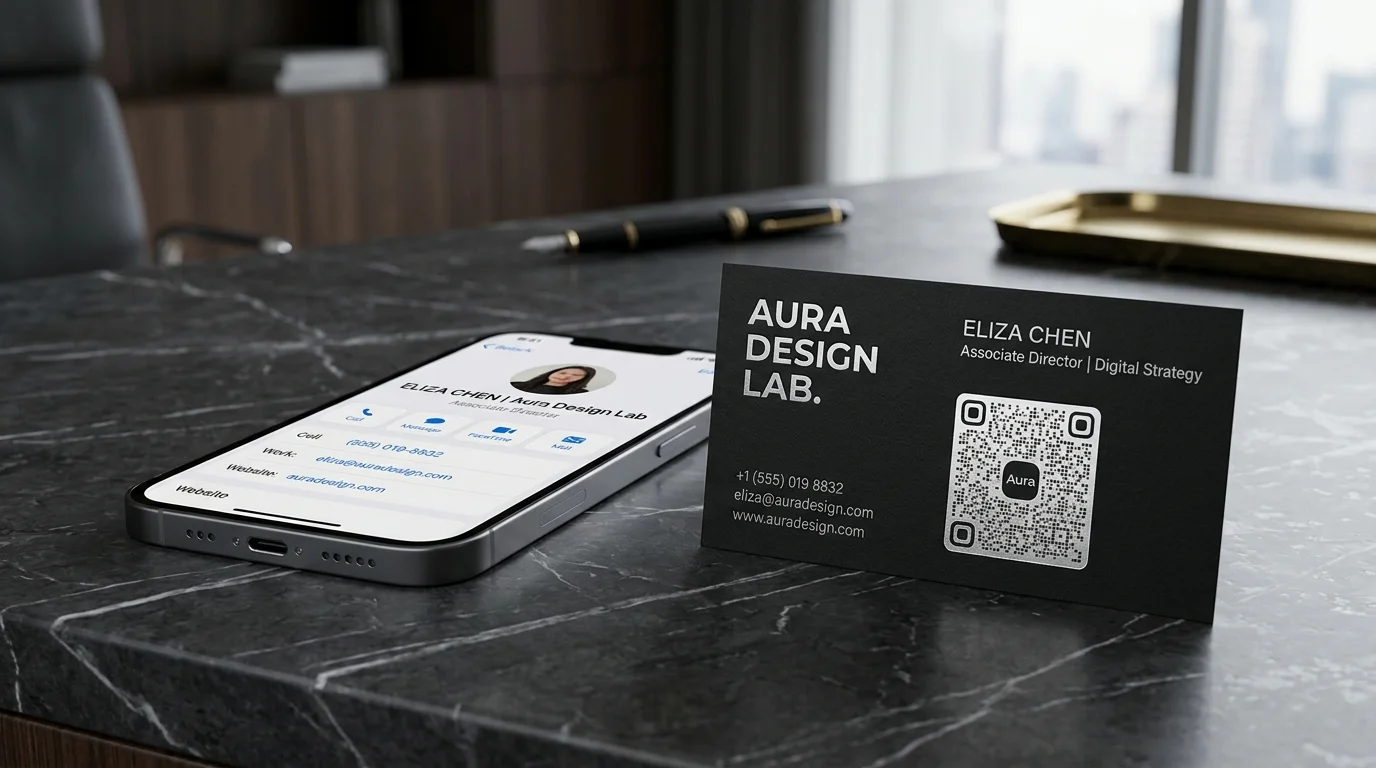Modern minimalist business card with printed QR code next to smartphone saving contact profile