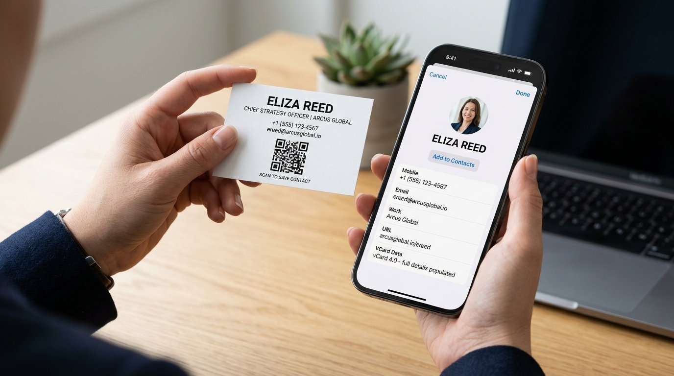 Modern minimalist business card with printed QR code next to smartphone saving contact profile