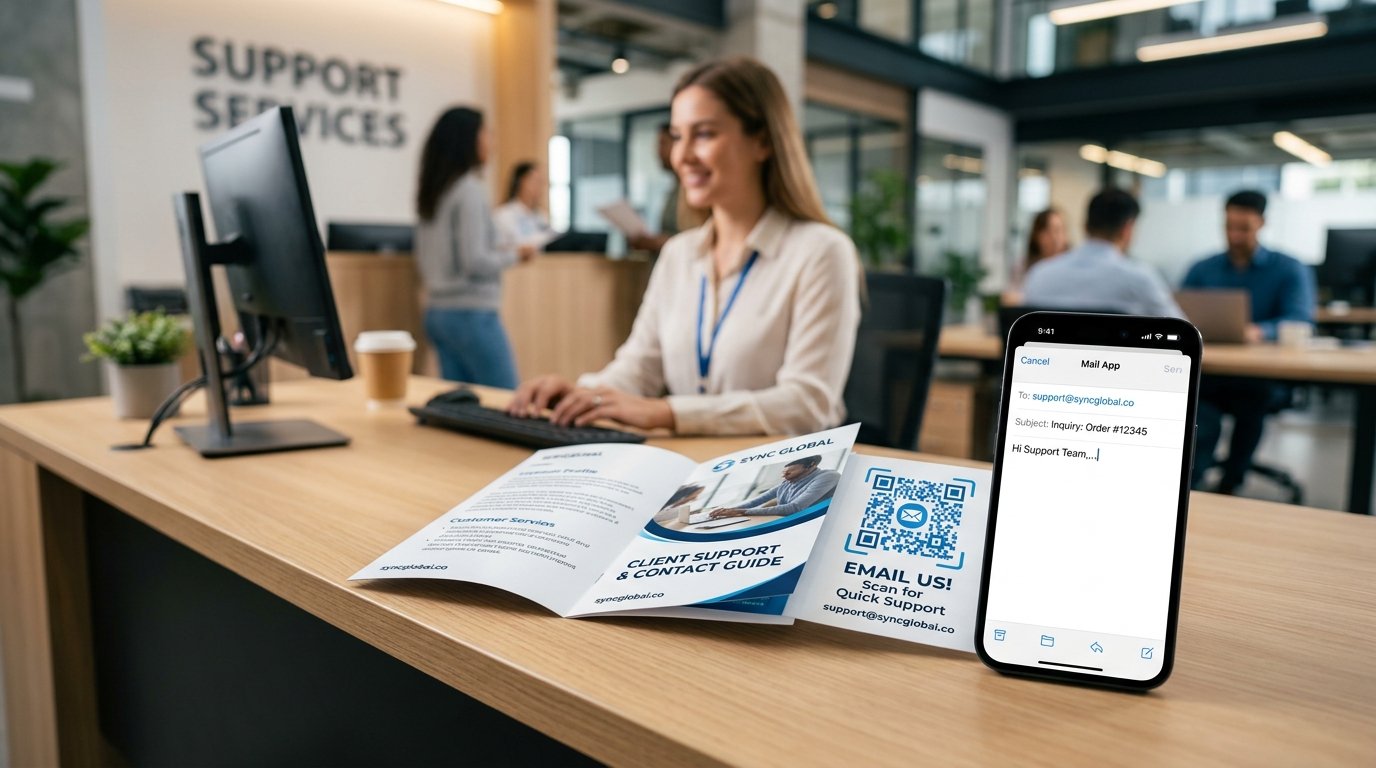 Brochure with printed email QR code next to smartphone displaying pre-filled mail composer