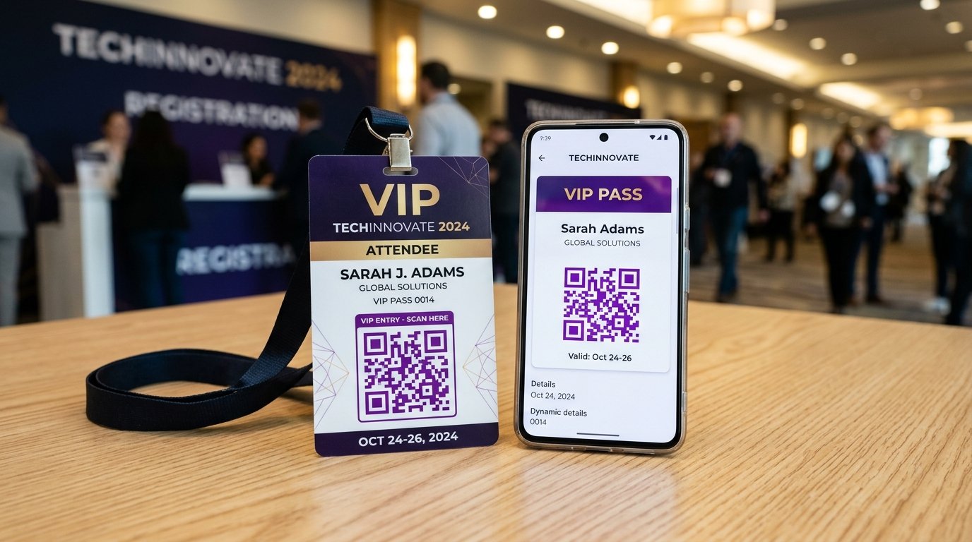 Event attendee lanyard badge and printed VIP ticket pass featuring a purple event QR code next to a smartphone showing a digital ticket pass