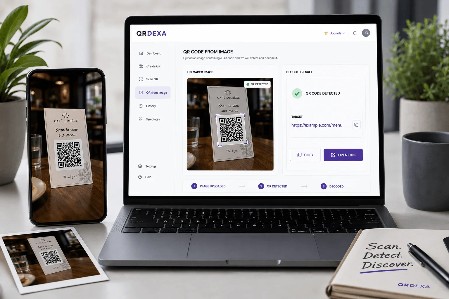 Example of detecting and reading a QR code from an uploaded image using QRDEXA
