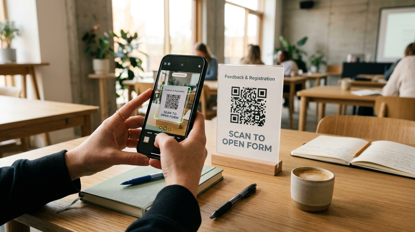Person scanning a Google Form QR code displayed on a modern classroom tabletop standee using a smartphone