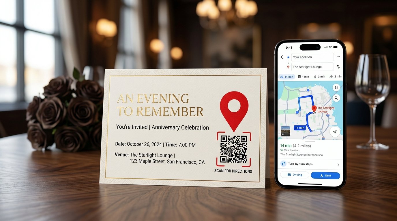 Venue invitation card and event brochure featuring a red Google Maps pin QR code next to a smartphone showing a Google Maps navigation route