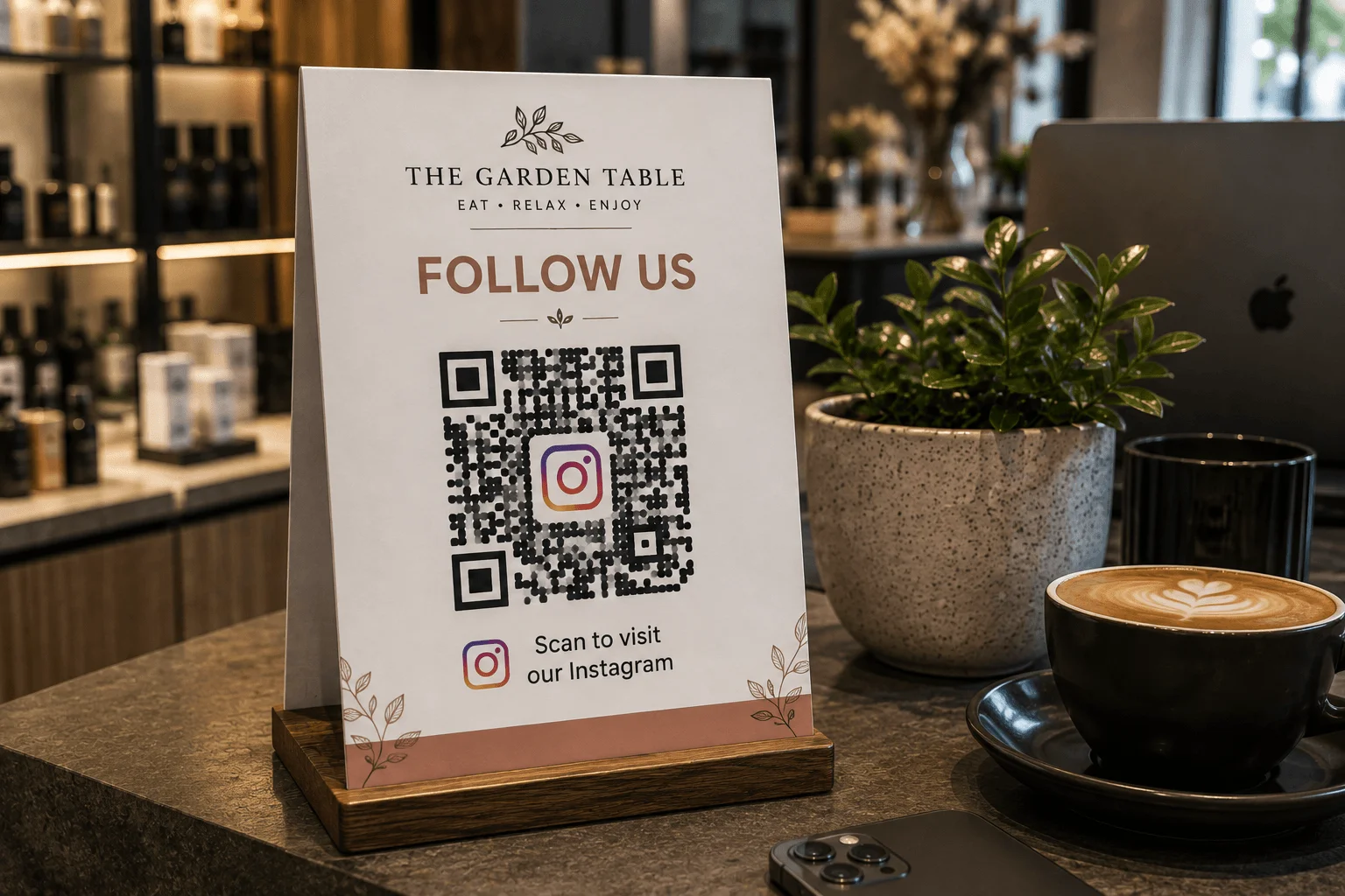 Customer scanning an Instagram QR code standee on a retail store counter to follow the profile