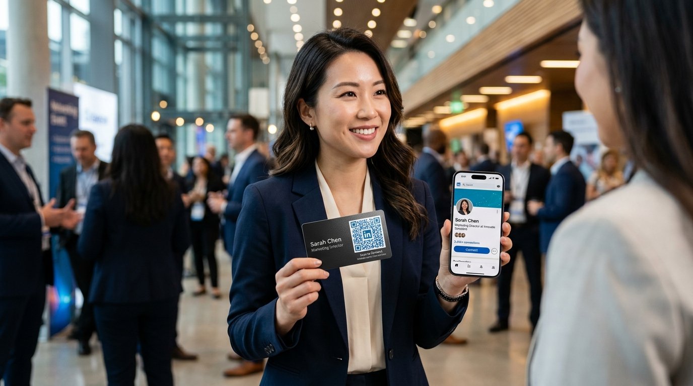 Business professional at a networking event holding a sleek business card featuring a blue LinkedIn QR code next to a smartphone showing a profile