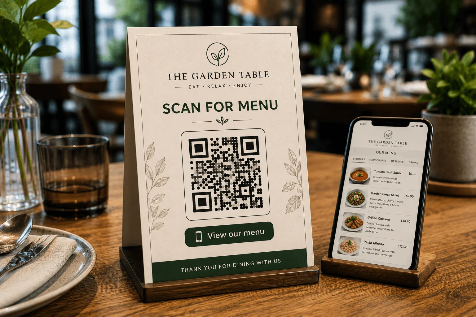Restaurant table displaying a QR code for viewing a digital menu