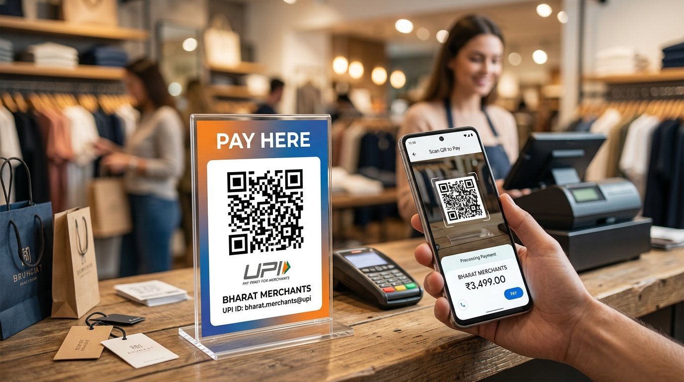 Retail checkout counter and acrylic tabletop standee displaying a scannable payment QR code with UPI payee text next to a smartphone showing an opened mobile payment app