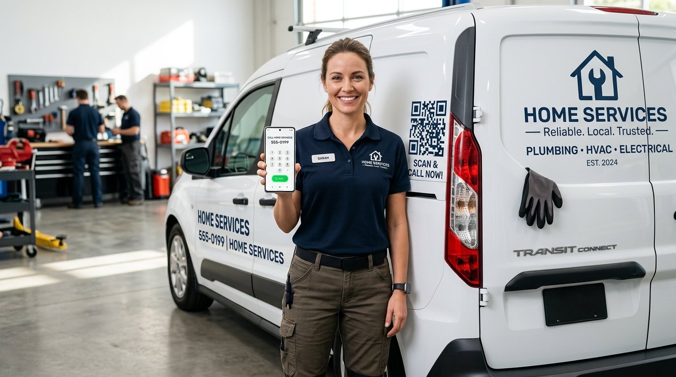 Phone call QR code displayed on a home services vehicle for quick customer enquiries