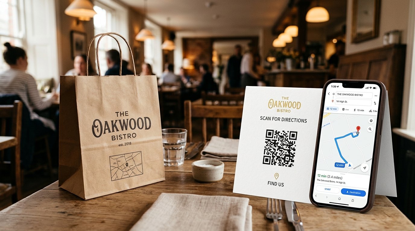 Restaurant tabletop card and takeaway paper bag featuring a location map QR code next to a smartphone showing Google Maps restaurant directions