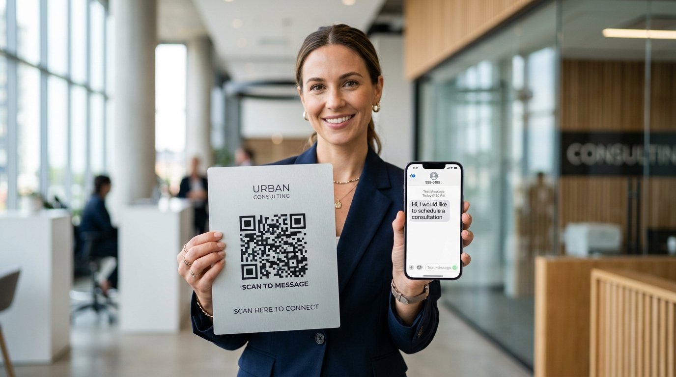 Sleek storefront sign with printed SMS QR code next to smartphone displaying pre-written text message draft