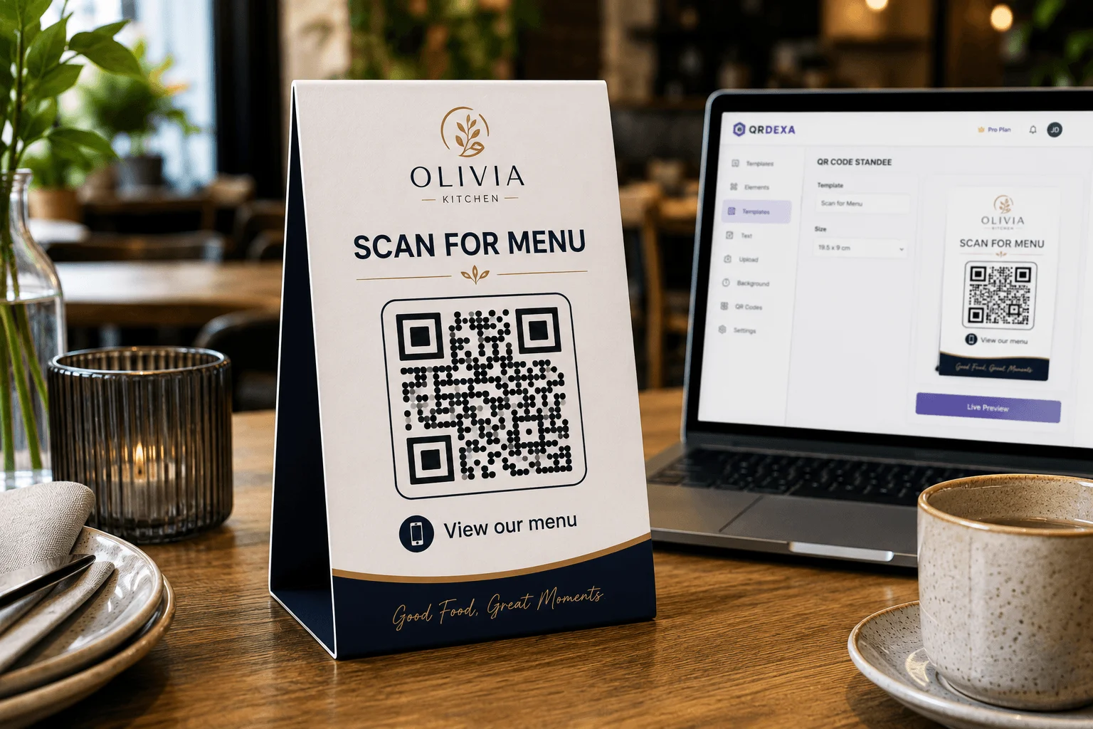QR code standee on a restaurant tabletop with a Scan for Menu message