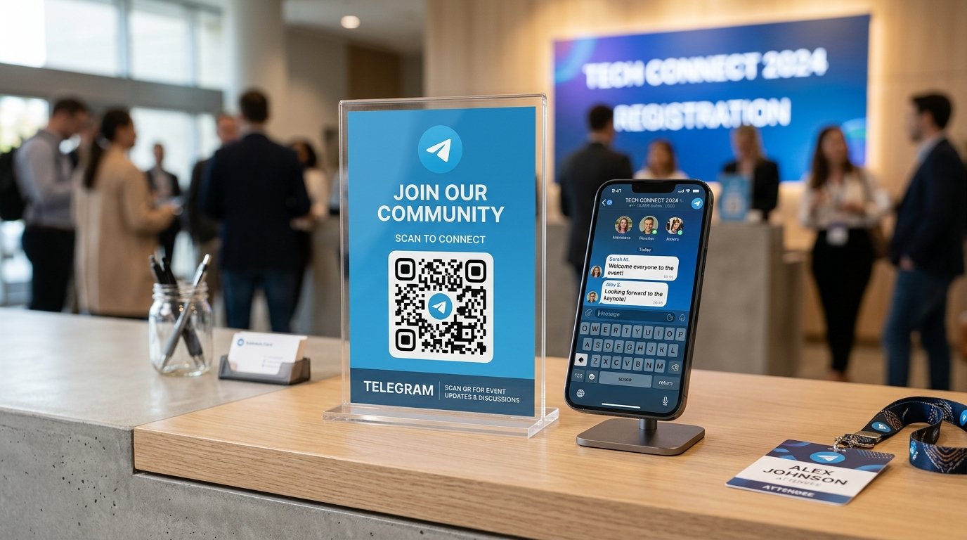 Event registration counter displaying an acrylic standee with a blue Telegram paper plane QR code next to a smartphone showing a community channel chat