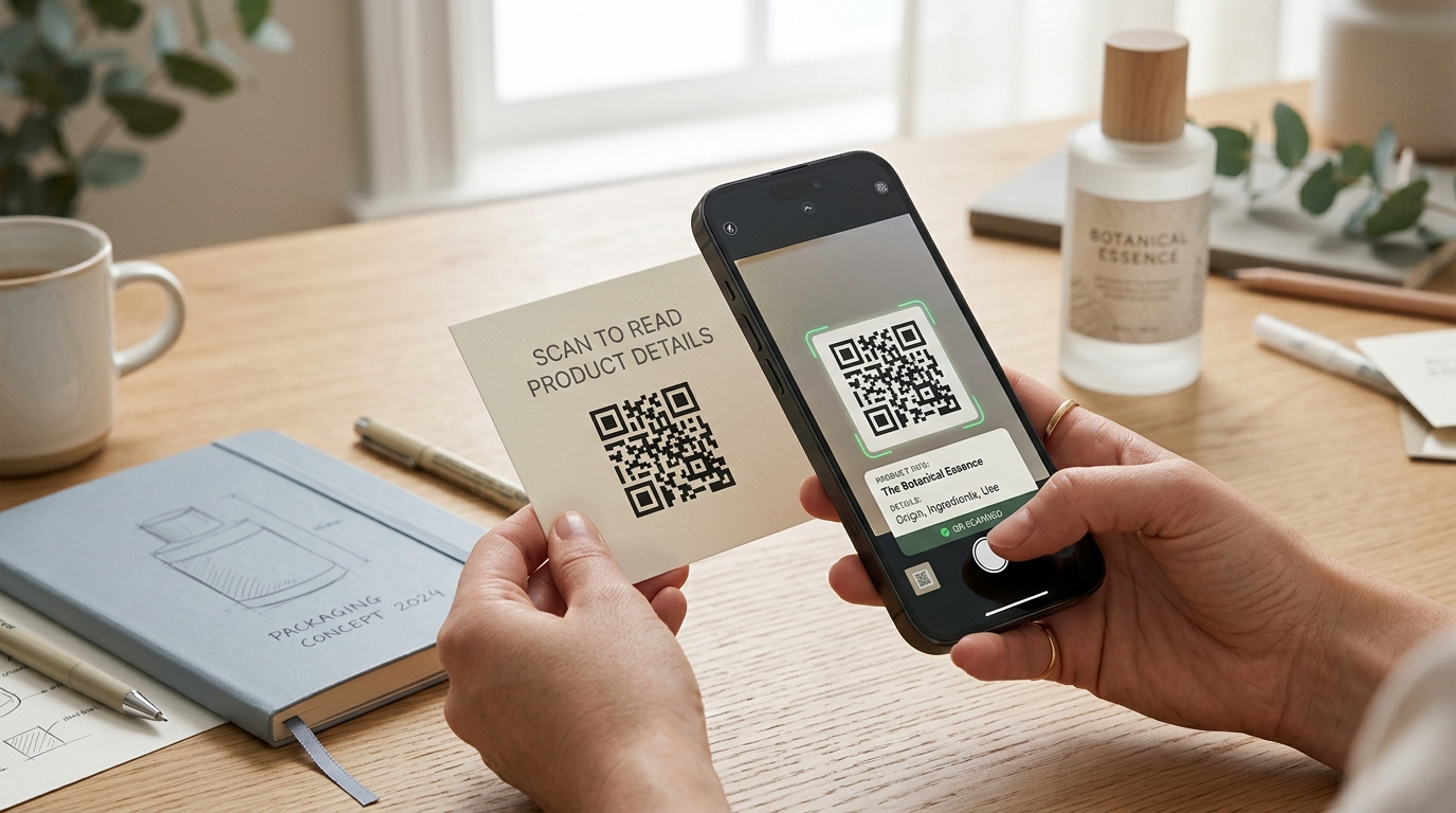 Person scanning a plain text QR code on a product label card showing decoded text preview on a smartphone