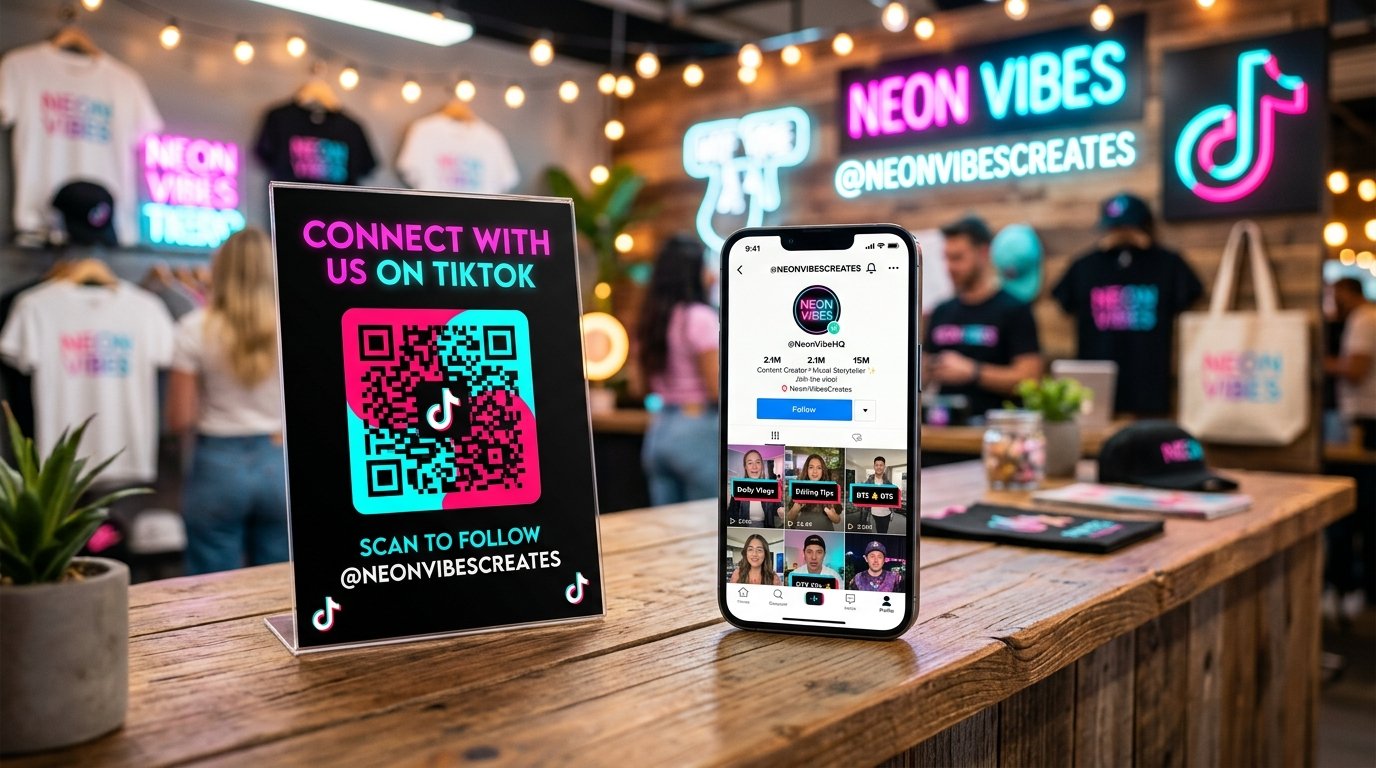 Trendy creator booth retail counter displaying a tabletop card with a cyan and magenta TikTok QR code next to a smartphone showing a profile