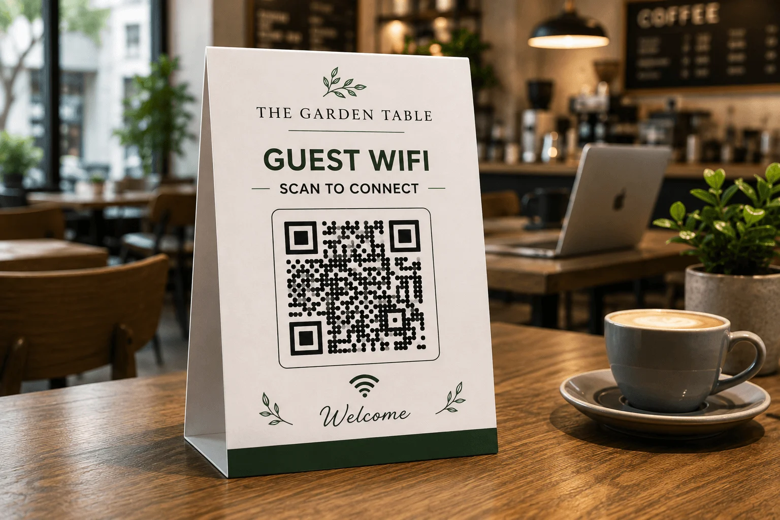 Smartphone scanning a Wi-Fi QR code card to join a network instantly