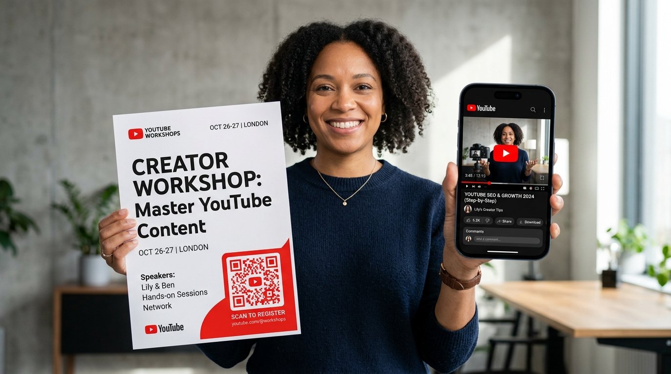 Creator holding event workshop poster with red YouTube QR code next to smartphone playing video tutorial
